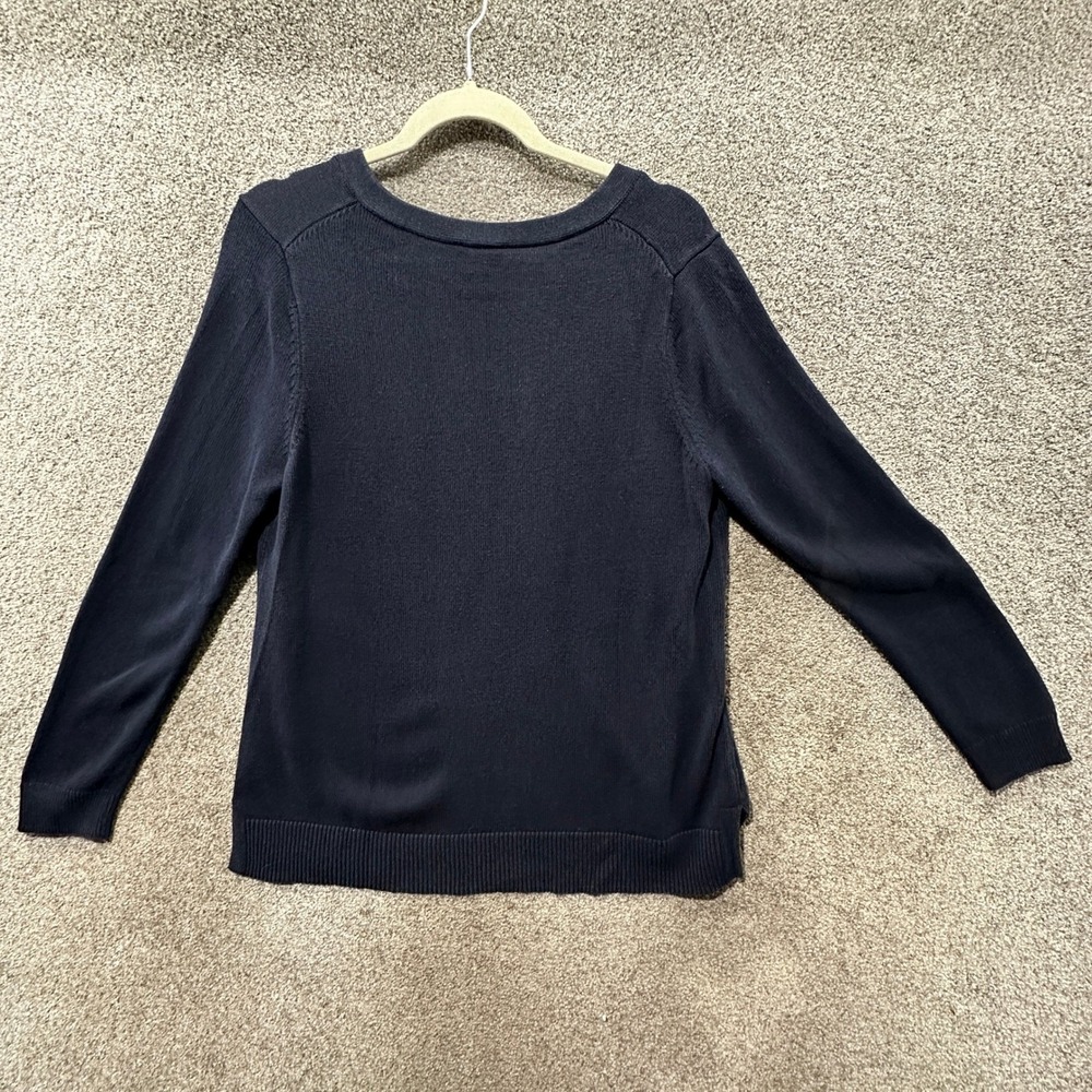 Talbots Blouse Top Women Medium Navy Blue Lace Up‎ V Neck Long Sleeve - Picture 2 of 6